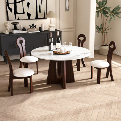 Modern Marble Dining Table, 53' Sintered Stone Round Dining Table with Solid Wood Walnut Base, Sturdy Cross Design for 4-6 People-Walnut (with 4 Chairs)