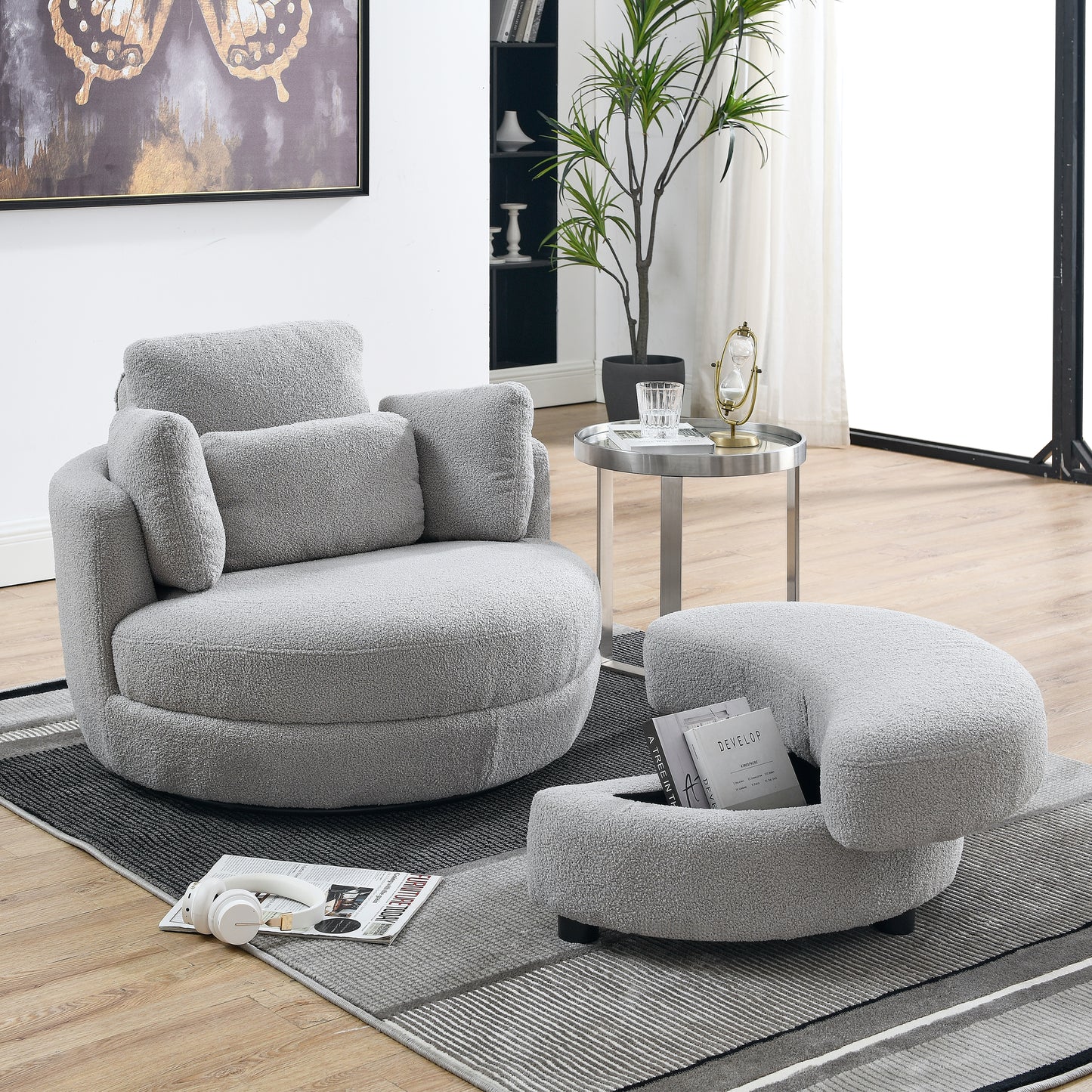 39'W Oversized Swivel Chair with moon storage ottoman for Living Room, Modern Accent Round Loveseat Circle Swivel Barrel Chairs for Bedroom Cuddle Sofa Chair Lounger Armchair, 4 Pillows, Teddy Fabric