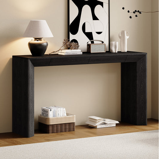 TREXM 60' Modern Farmhouse Console Table with 2 Concealed Drawers, Waterfall Design Entryway Table with Thickened Legs & Rustic Wood Grain for Living Room, Entryway & Hallway (Black)
