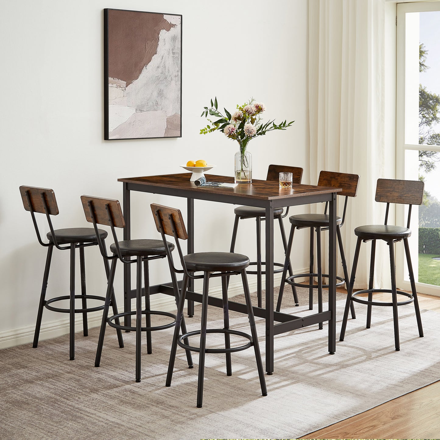 Pub High Dining Table 7 Piece Set, Industrial Style Pub Table, 6 PU Leather Bar Chairs for Kitchen Breakfast Table, Living Room, Bar, Rustic Brown, 47.2″L x 23.6'W x 35.4'H