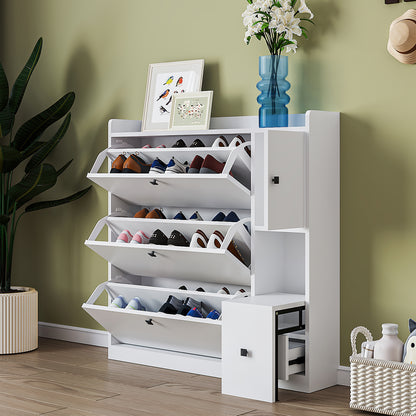 ON-TREND Versatile Tipping Bucket Shoe Cabinet with 3 Flip Drawers, Maximum Storage Entryway Organizer with Drawer, Free Standing Shoe Rack with Pull-down Seat for Hallway, White