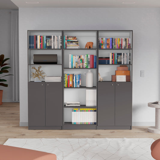 Arbor 3 Piece Home Bookcase set, 74' Wide with 11 Shelves and Two Double-Door Cabinet ,  Living Room Set  Matt Gray / White