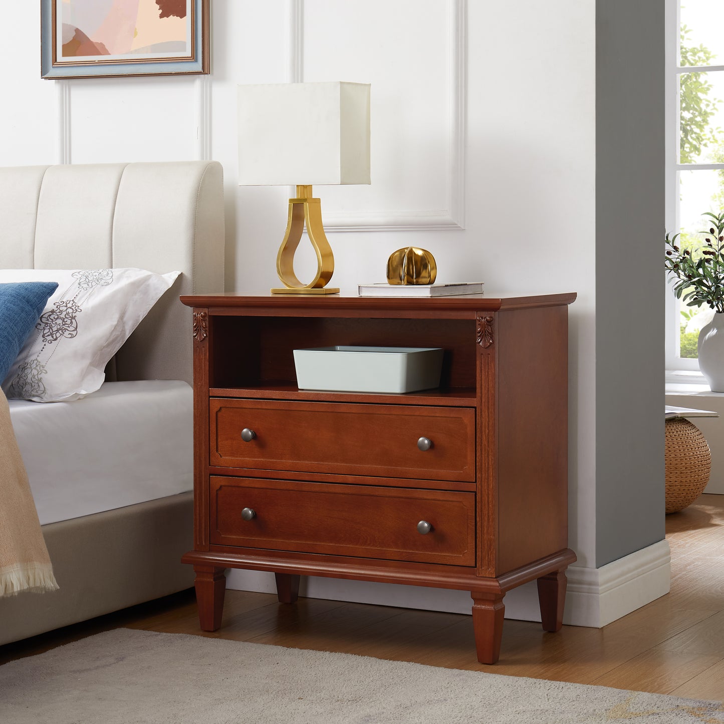 Open Space and 2 Drawers Dresser Nightstand with Charging Station, Farmhouse End Table with USB Ports and Outlets, Fluted Pilasters Design Side Table with Solid Wood Legs for Bedroom