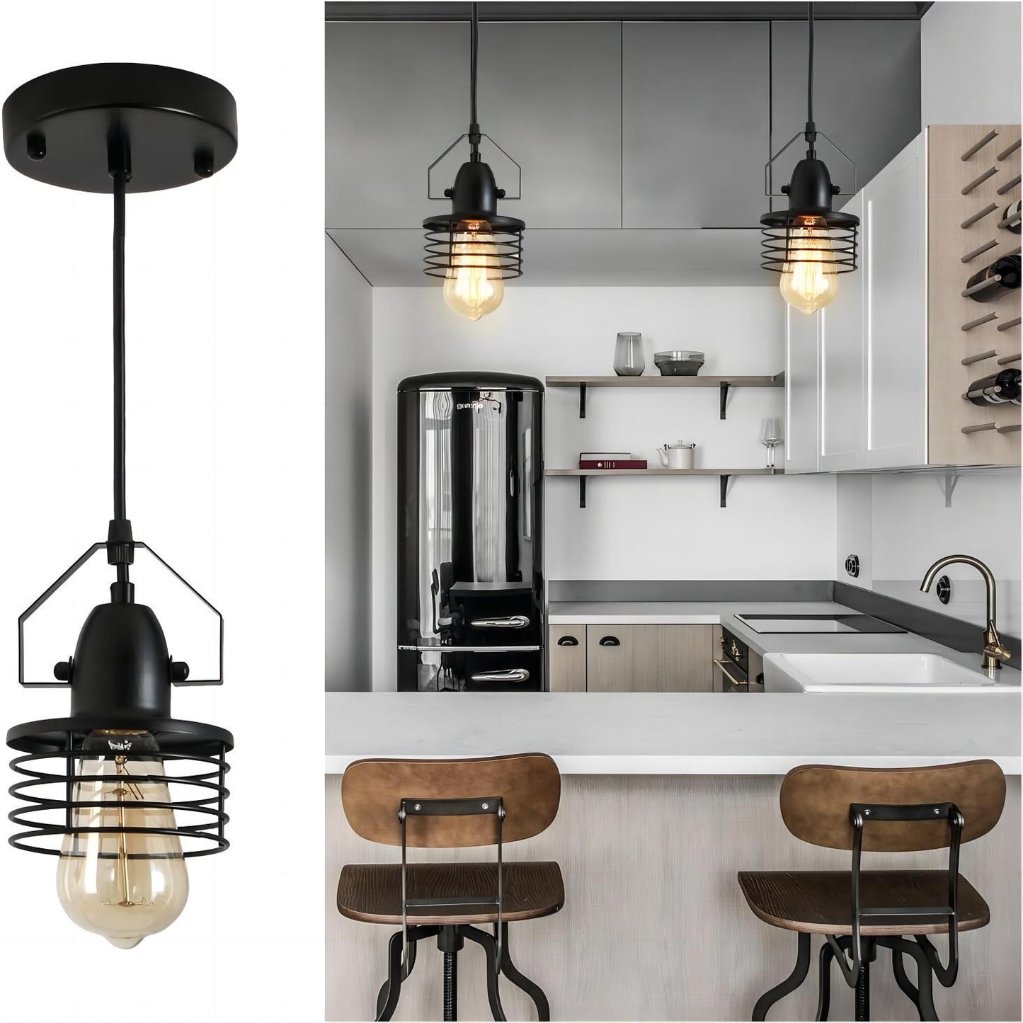 Industrial Black Pendant Light Metal Cage Pendant Lights Dining Room Hanging Lighting for Kitchen Island Living Room Bedroom Entryy Barn Farmhouse,Spring Shade,E26 Bulb(1 Light)