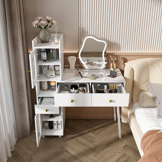 Vanity Dressing Table with LED Mirror & Storage – White Makeup Desk Features 3 Drawers, 2 Open Shelves & 4 Hidden Cabinets (Transparent Doors) - 3 Adjustable Lighting Modes - Ideal for Bedroom or Livi