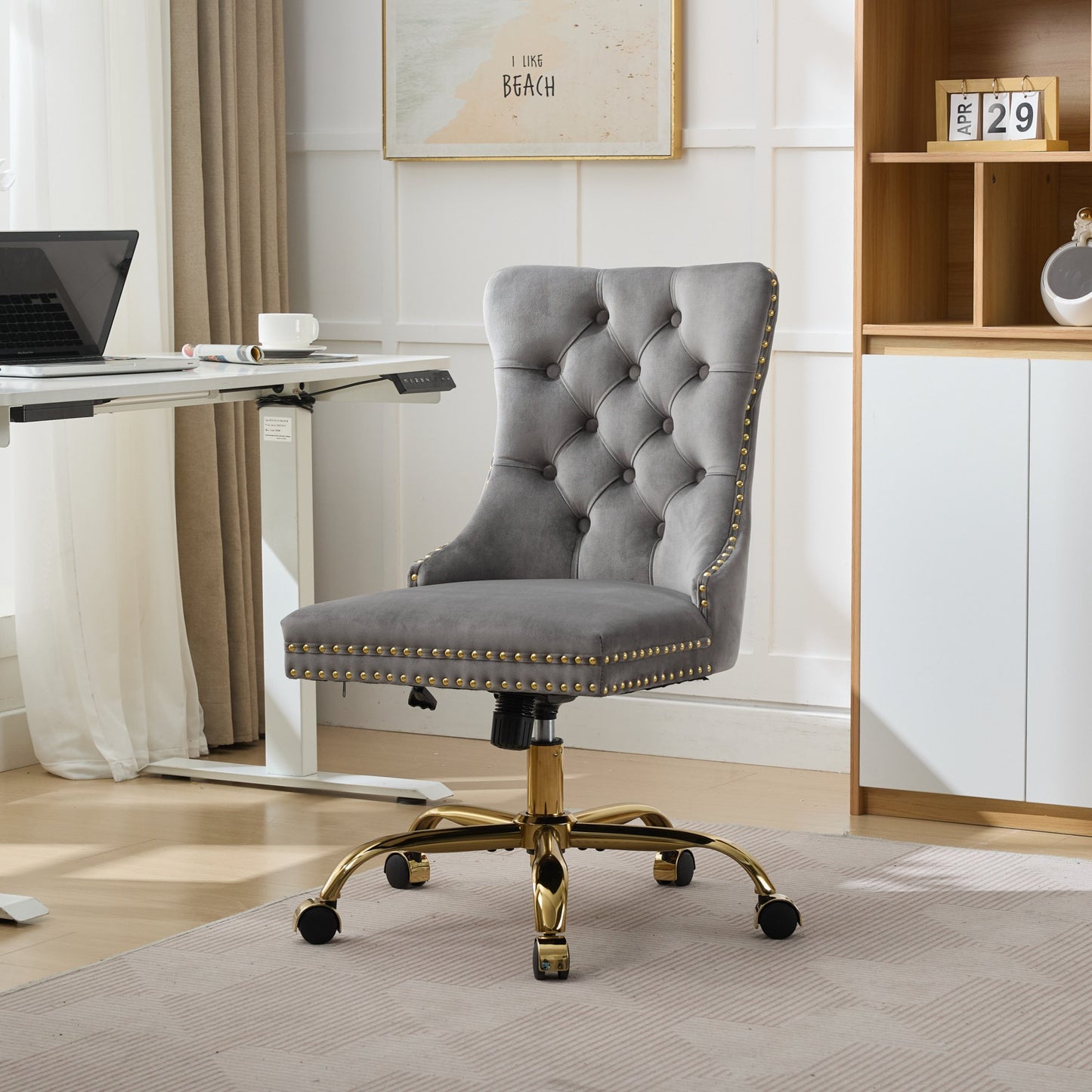 A&A Furniture Office Chair,Modern Velvet Upholstered Tufted Button Home Office Chair with Golden Metal Base,Adjustable Desk Chair Swivel Office Chair (Gray)