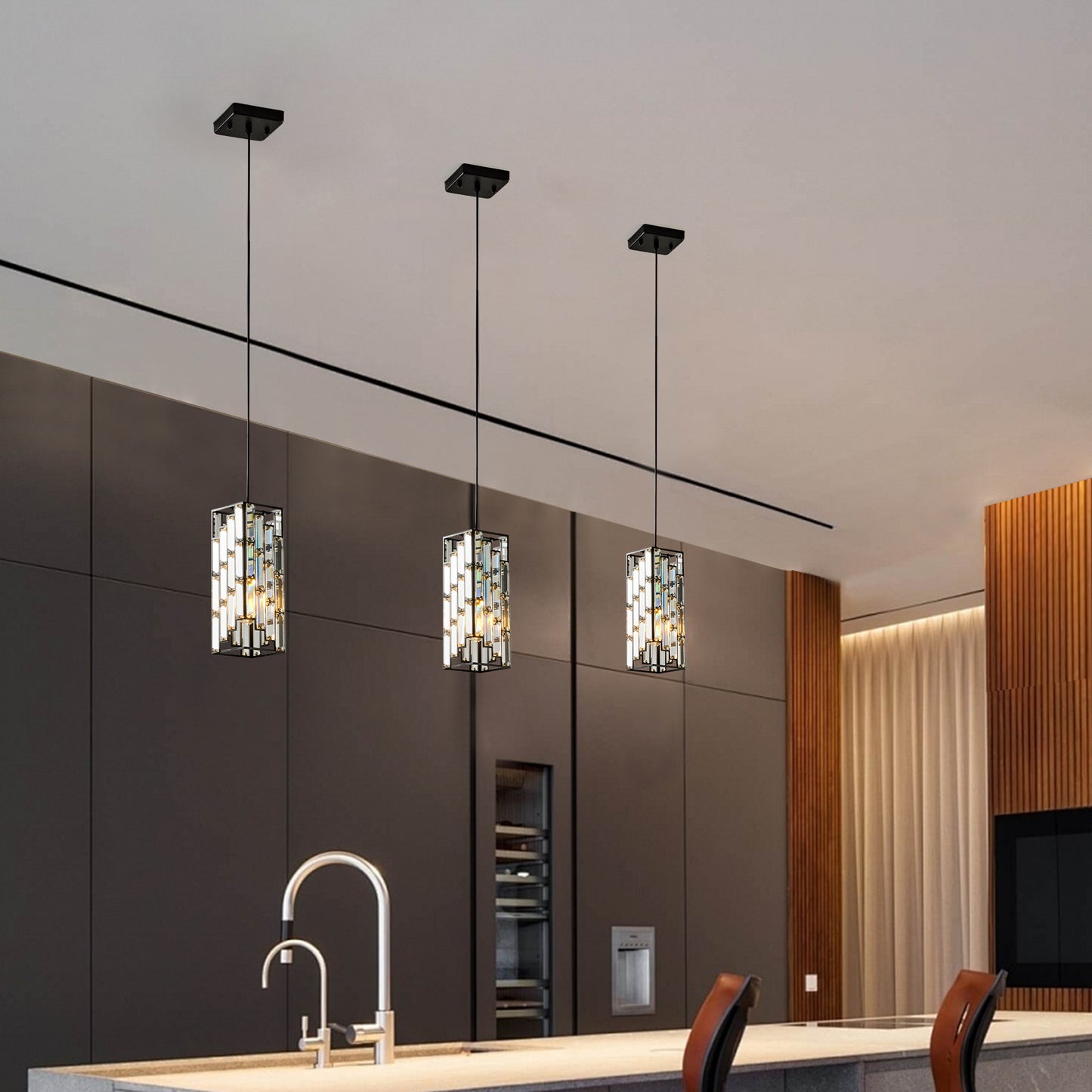 4' Modern Crystal Pendant Light - 3 Pack, Adjustable Hanging Ceiling Lamp with Crystal Prism Design for Dining Room, Kitchen Island, and Living Room -Black Finish