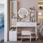 Full Body Mirror Cabinet + Round Mirror LED Vanity Table + Cushioned Stool, With 2 AC + 2 USB Power Station,17' diameter LED Mirror, Touch Control, 3-color, Brightness adjustable, Large Desktop