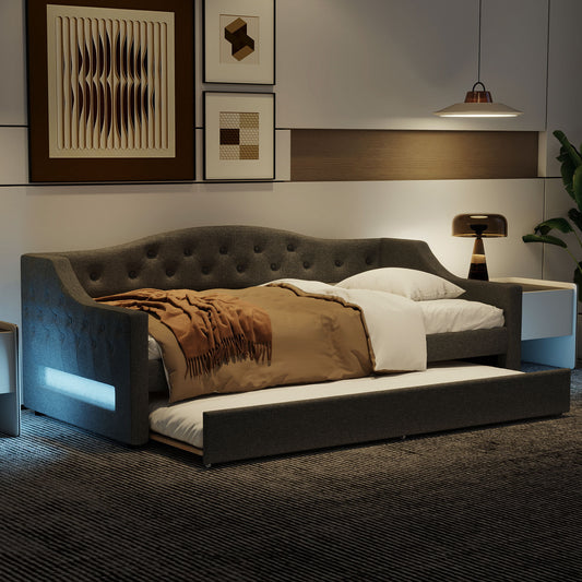 Upholstered Twin XL Size Daybed with LED Belt and Trundle, Gray