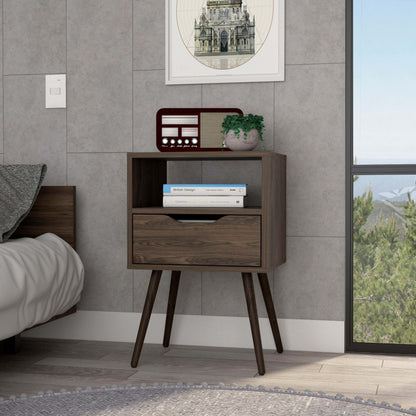 Nightstand 25'H, Superior Top, Four Legs, One Open Shelf, One Drawer, Dark Walnut