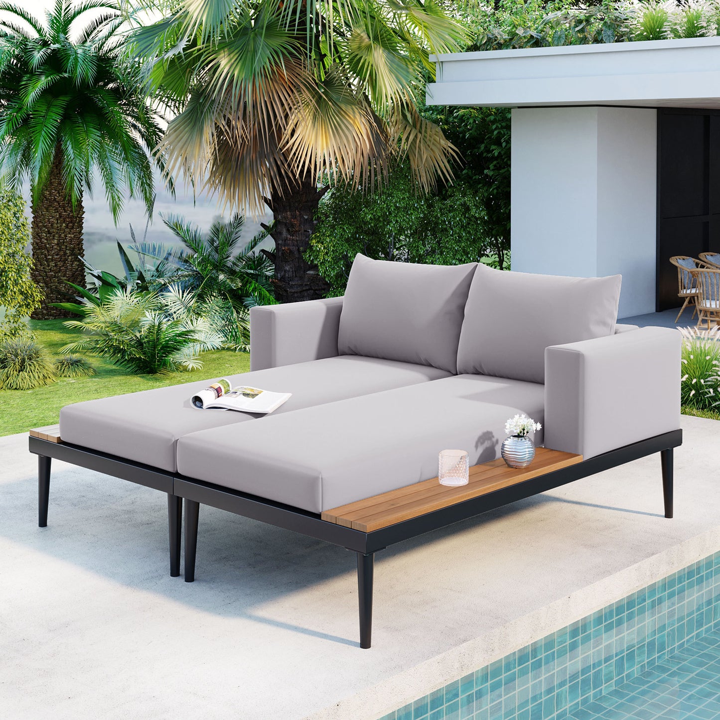 TOPMAX Modern Outdoor Daybed Patio Metal Daybed with Wood Topped Side Spaces for Drinks, 2 in 1 Padded Chaise Lounges for Poolside, Balcony, Deck, Gray