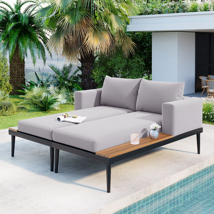 TOPMAX Modern Outdoor Daybed Patio Metal Daybed with Wood Topped Side Spaces for Drinks, 2 in 1 Padded Chaise Lounges for Poolside, Balcony, Deck, Gray