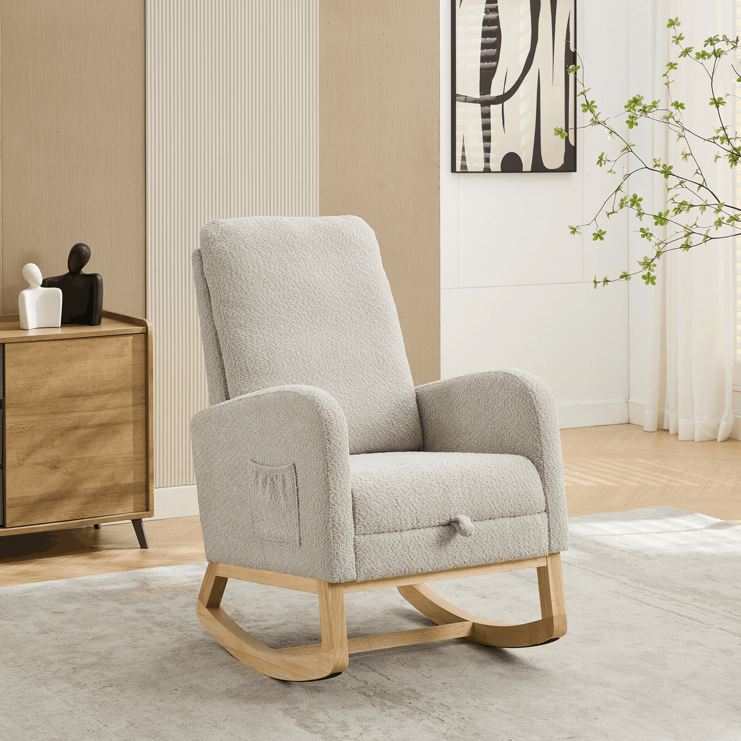 25.4'W Rocking Chair for Nursery, High Back Glider Chair with Retractable Footrest, Side Pocket, Rocking Accent Armchair with Rubber Wood Legs for Living Room/Bedroom.Light Gray