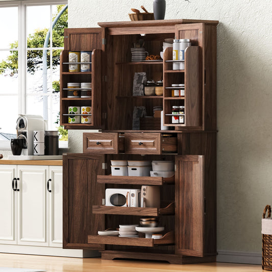 K&K 71' Tall Kitchen Pantry Cabinet with 3 Pull Out Cabinet Organizers, Farmhouse Embossed Texture Storage Cabinet with 6 Door Shelves, 2 Drawers, Freestanding Cupboard for Kitchen, Dining Room Brown