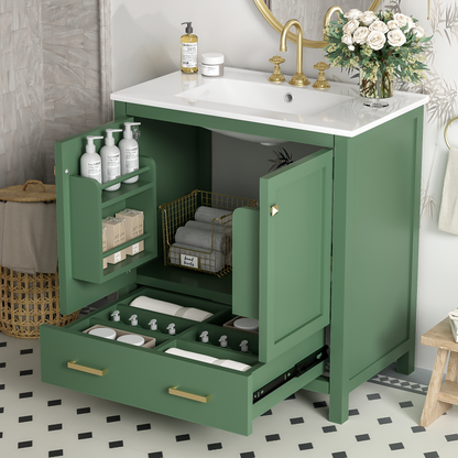 30 Inch Green Bathroom Vanity with Single Sink, Combination Under Counter Sink, Bathroom Storage Cabinet with 2 Doors and a Drawer, Soft Closure, Multifunctional Storage(WF324043)
