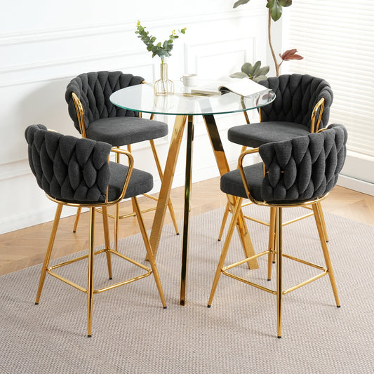 Stylish dark grey cotton and linen design, gold-plated metal legs, round tempered glass countertop, bar chair cover, suitable for bar, restaurant, bedroom bar chair, (set of 5)