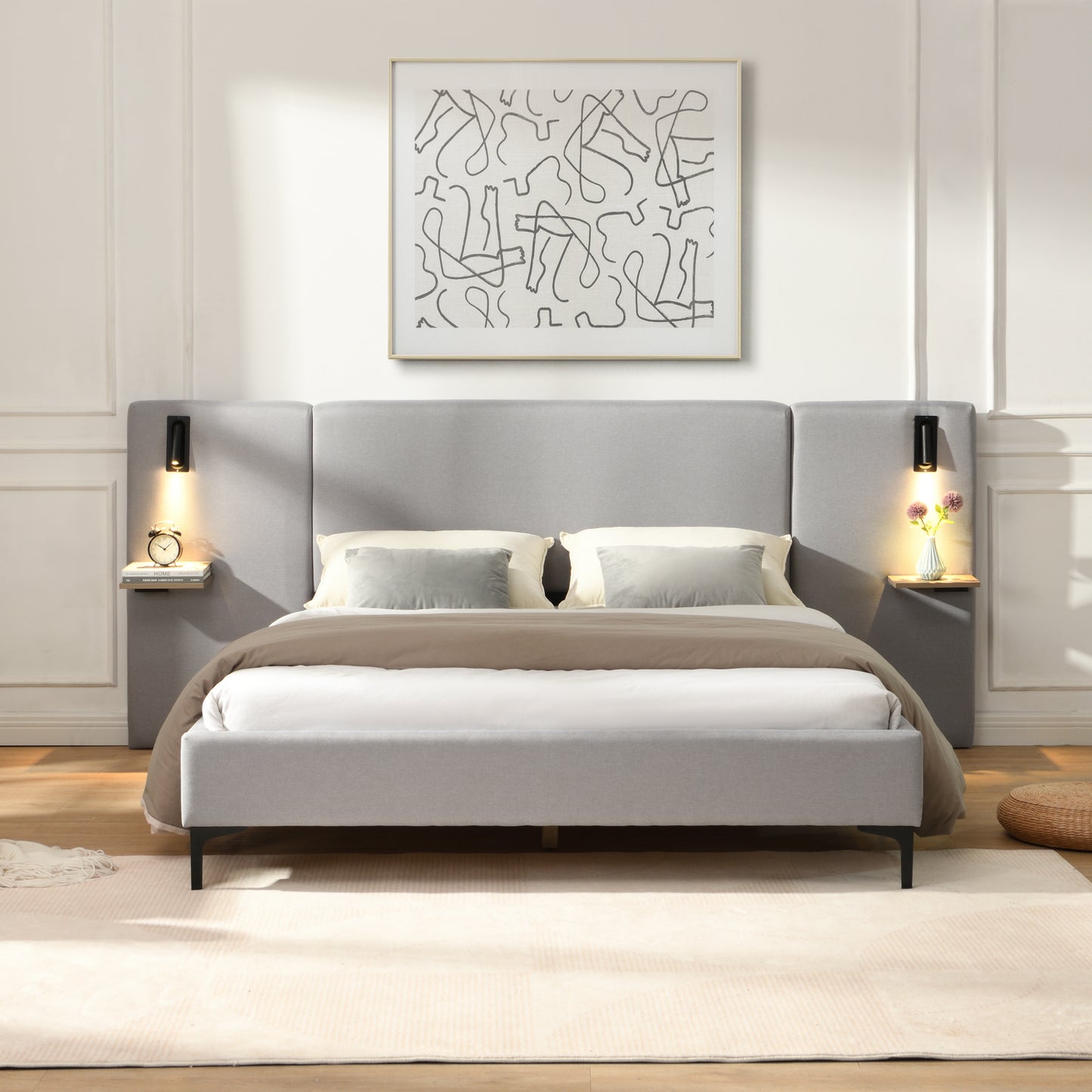 Chic Linen Upholstered Bed with Integrated Lights and Shelves, Grey, Queen