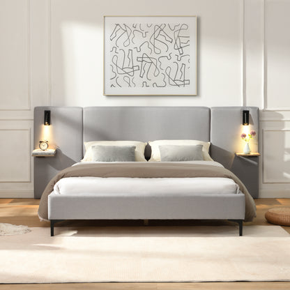 Chic Linen Upholstered Bed with Integrated Lights and Shelves, Grey, Queen