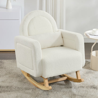 Accent Rocking Chair with Curved Back & Pillow, Ultimate Comfort for Your Home, Teddy Velvet, Cream White