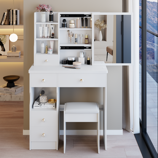 29.2' Small Size Left Drawer Desktop Vanity Table + Cushioned Stool, Extra Large Right sliding mirror, Multi Layer High Capacity Storage, Practical Fashionable Dresser, Suitable For Small Space