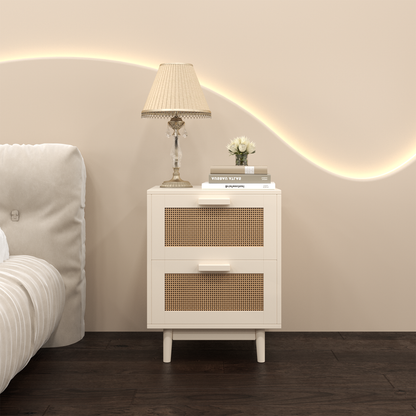 Rattan Nightstand, Wood End Table, Side Table with 2 Faux Rattan-Decorated Drawers, Bedside Table,Wood Accent Table with Storage for Livingroom, Bedroom,Burly wood