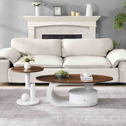 Luxury Nesting Coffee Table Set of 2,  Tables with Storage for Living Room, Oval and Round Table Set, White Center Table, Cocktail Table, Side Table,  Large 47.24'', Small 19.69''