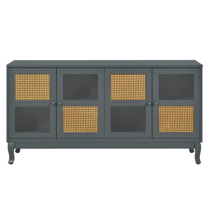 Retro Industrial Grey 4-Door Sideboard with Large Storage, Rattan and Glass Doors, MDF and Solid Wood