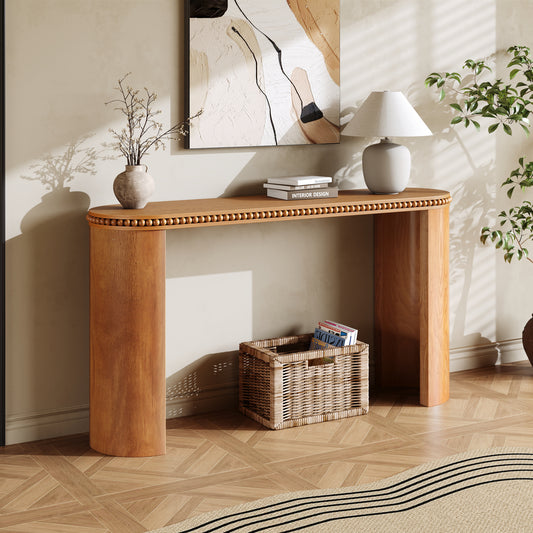 Mirod Vintage Console Table with Beaded Trim and Reversible Curved Legs, Natural Wood Veneer Finish – Entryway Accent Table for Hallway, Living Room, or Behind Sofa