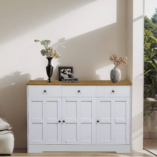Fancy Design Kitchen Buffet Storage Cabinet with Arched Design - White Sideboard with Door, Drawer-Versatile Pantry Organization