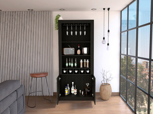 Montenegro Bar Cabinet, Double Door Cabinet, Five Built-in Wine Rack, Three Shelves Black