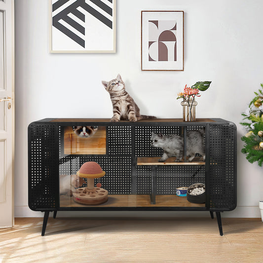 Modern Spacious Cat House with Tempered Glass and Iron Frame for Living Room, Black + Brown
