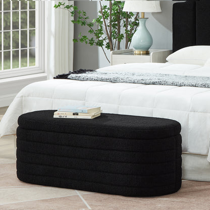 Modern Oval Storage Ottoman Bench, Upholstered Boucle Teddy Fabric End of Bed Bench with Storage, End of Bed Stool with Safety Hinge for Bedroom, Living Room, Entryway,  Black