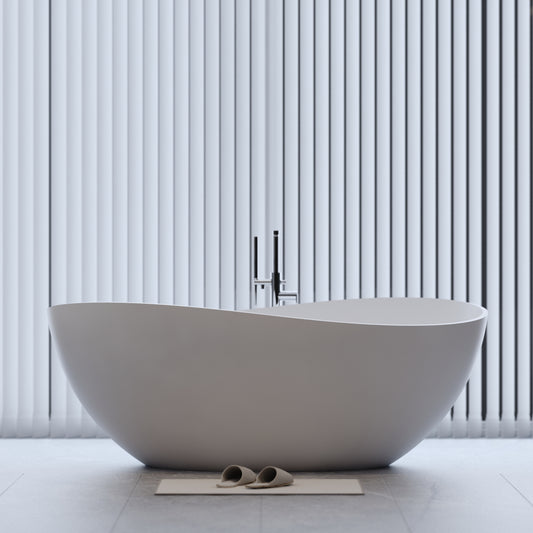63' Freestanding Solid Surface Bathtub, Luxury Engineered Stone Resin Freestanding Soaking Bathtub with Overflow and Pop-up Drain for Contemporary Bathroom, Matte White 24S05-63MW