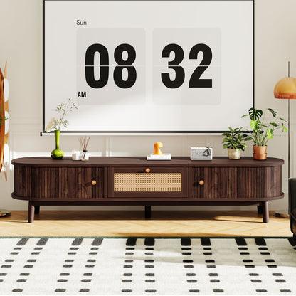 Modern Design TV Stand for 75' TVs, Media Console TV Cabinet with Rattan-Front Drawer for Living Room, 1 Drawer and 2 Sliding-Door Cabinets