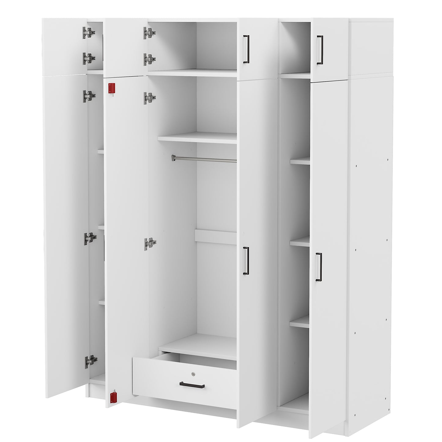 Contemporary 4-Door Wardrobe with Drawer and Top Cabinet in White Particle Board