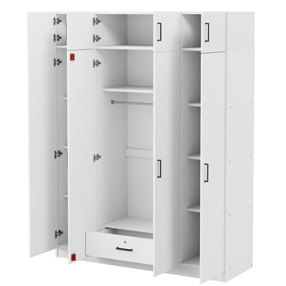 Contemporary 4-Door Wardrobe with Drawer and Top Cabinet in White Particle Board