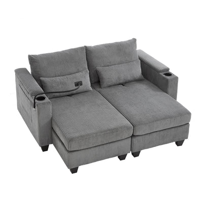 Convertible Chaise Lounge 63' Loveseat Sofa Bed with USB Ports, Cup Holders, Phone Holder, Ample Storage, Grey Corduroy