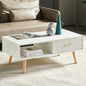 Rectangle Coffee Table with Solid Wood Legs, Sliding Drawer for Storage, Modern Table for Living Room , White