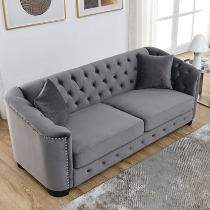 77-Inch Modern Chesterfield Velvet Sofa, 3-Seater Sofa, Upholstered Tufted Backrests with Nailhead Arms and 2 Cushions for Living Room, Bedroom, Apartment, Office (Grey)