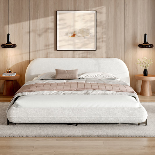 Queen Size Upholstered Bed Frame with Boucle Fabric and Steel Legs, White