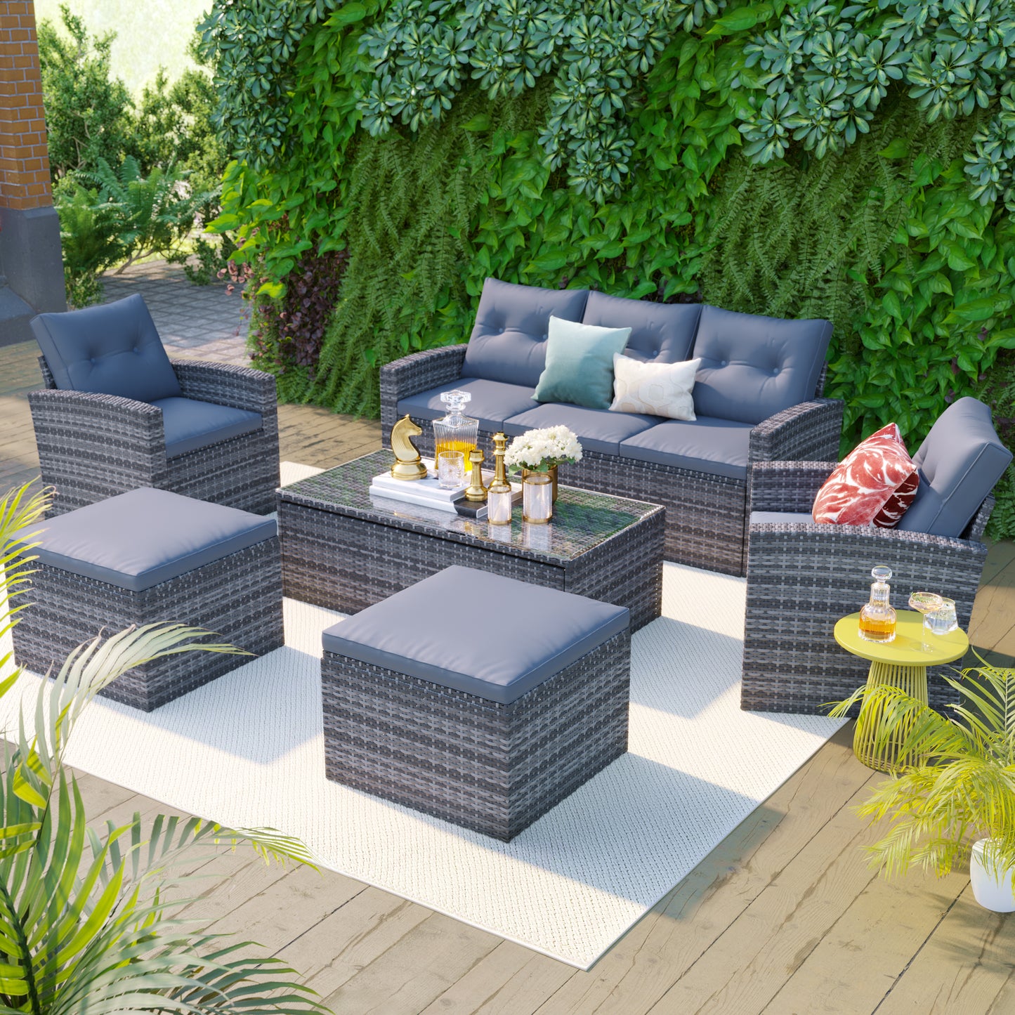 GO 6-piece All-Weather Wicker PE rattan Patio Outdoor Dining Conversation Sectional Set with coffee table, wicker sofas, ottomans,  removable cushions (Dark grey wicker, Light grey cushion)