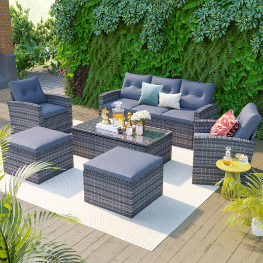 GO 6-piece All-Weather Wicker PE rattan Patio Outdoor Dining Conversation Sectional Set with coffee table, wicker sofas, ottomans,  removable cushions (Dark grey wicker, Light grey cushion)