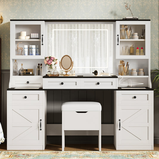 61.5' Farmhouse Vanity Desk with Mirror and LED Lights, Dressing Table with 5 Drawers and 4 Cabinets, Makeup Vanity Table Set with Glass Visual Desktop and Cushion Stool, for Bedroom