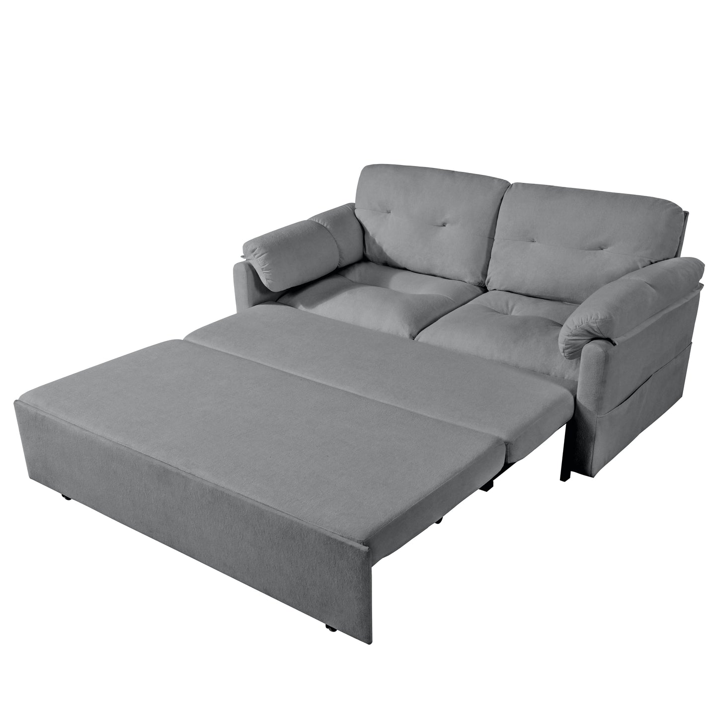 Modern Convertible Sleeper Sofa Bed with Pull-Out Queen Design, Side Storage & Thick Cushions - Grey Chenille Loveseat for Living Room or Bedroom - 3-in-1 Function