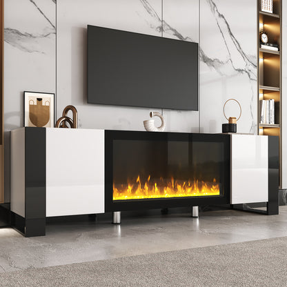 ON-TREND Modern TV Stand with 34.2' Non-heating Electric Fireplace, High Gloss Entertainment Center with 2 Cabinets, Media Console for TVs up to 78', White