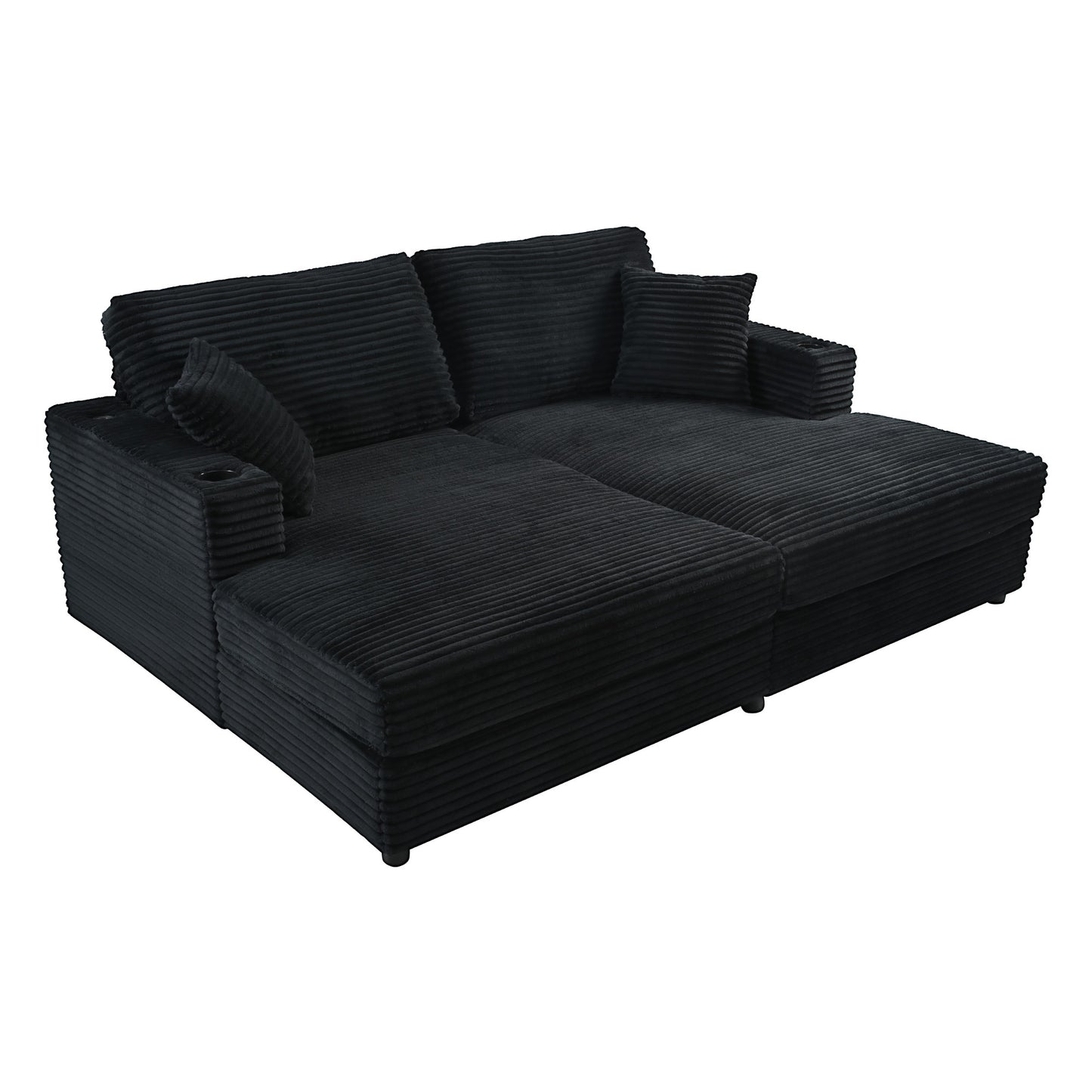 Oversized Loveseat Chaise Lounge Sectional Sofa Bed with USB Ports, Cup Holders, and Pillows, Black Corduroy