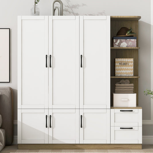 3 Door Wooden Storage Wardrobe for Dedroom with Shelves and 2 Drawers, Side Storage Shelves,White