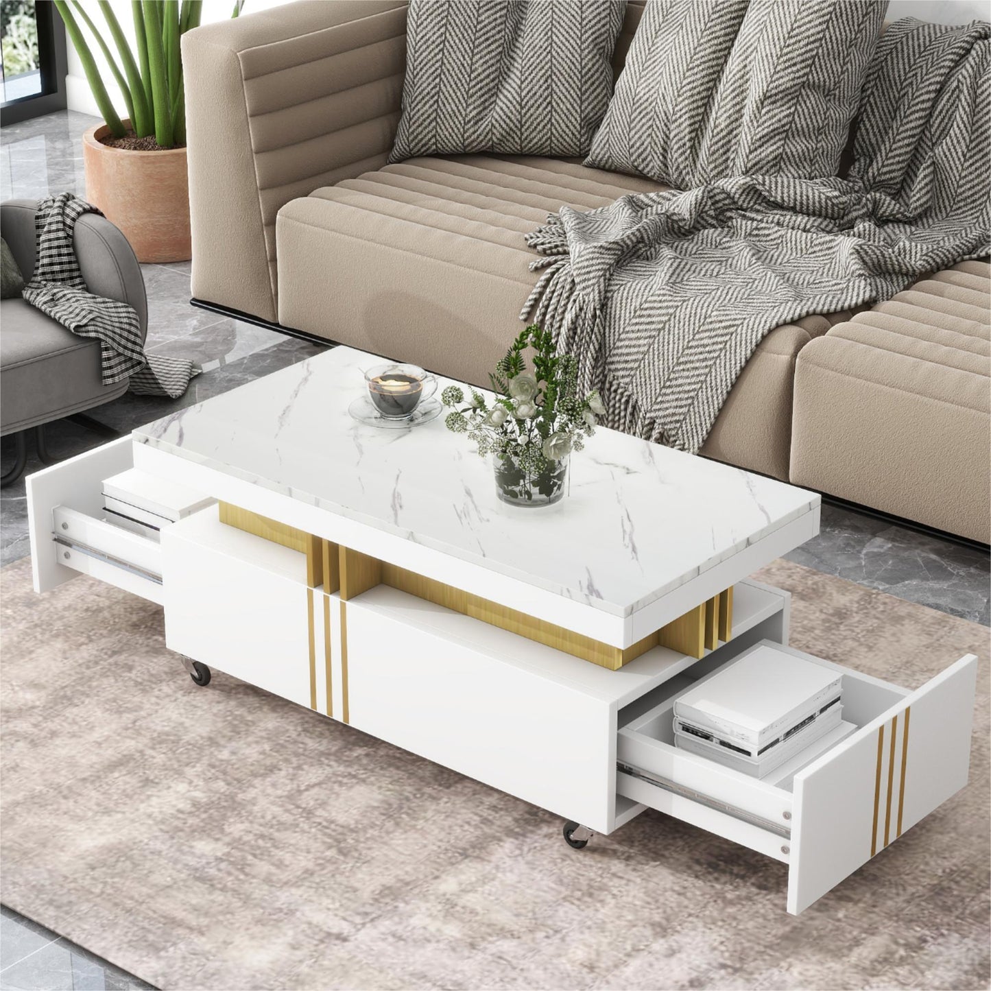 ON-TREND Contemporary Coffee Table with Faux Marble Top, Rectangle Cocktail Table with Caster Wheels, Moderate Luxury Center Table with Gold Metal Bars for Living Room, White