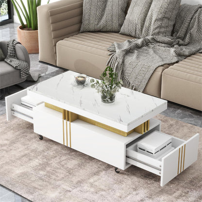 ON-TREND Contemporary Coffee Table with Faux Marble Top, Rectangle Cocktail Table with Caster Wheels, Moderate Luxury Center Table with Gold Metal Bars for Living Room, White