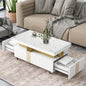 ON-TREND Contemporary Coffee Table with Faux Marble Top, Rectangle Cocktail Table with Caster Wheels, Moderate Luxury Center Table with Gold Metal Bars for Living Room, White